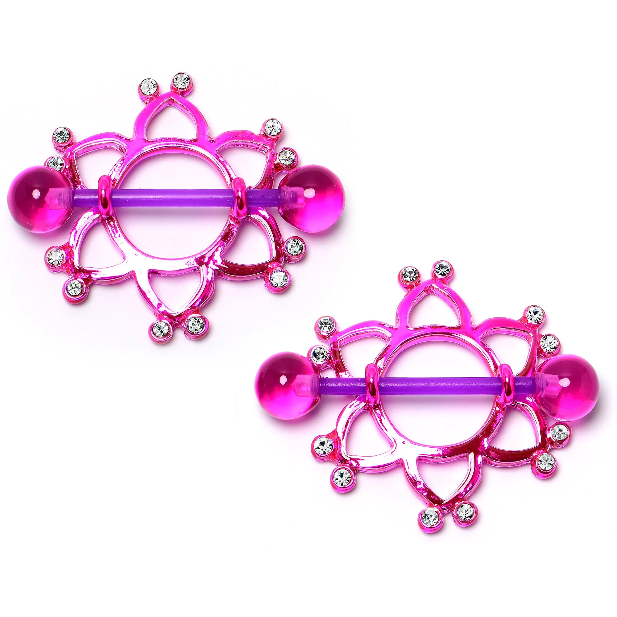 14 Gauge 5/8 Clear Gem Pinkish Bioplast Flower Nipple Shield Set