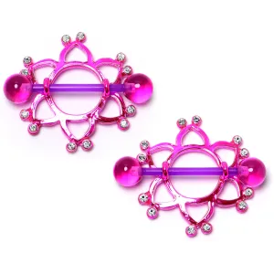 14 Gauge 5/8 Clear Gem Pinkish Bioplast Flower Nipple Shield Set