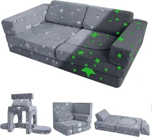 8 PC Glow-in-the-Dark Montessori Modular Soft Play Set | Foam Building Blocks | Sofa Couch | Grey