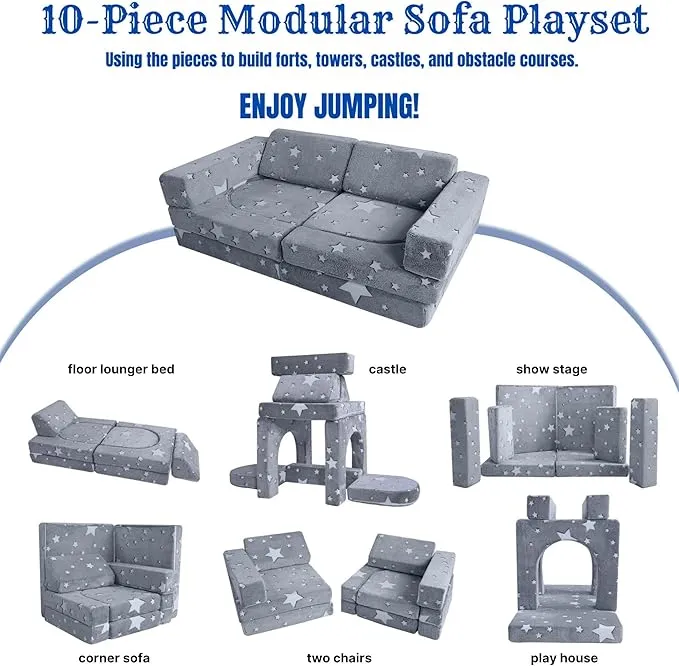 8 PC Glow-in-the-Dark Montessori Modular Soft Play Set | Foam Building Blocks | Sofa Couch | Grey