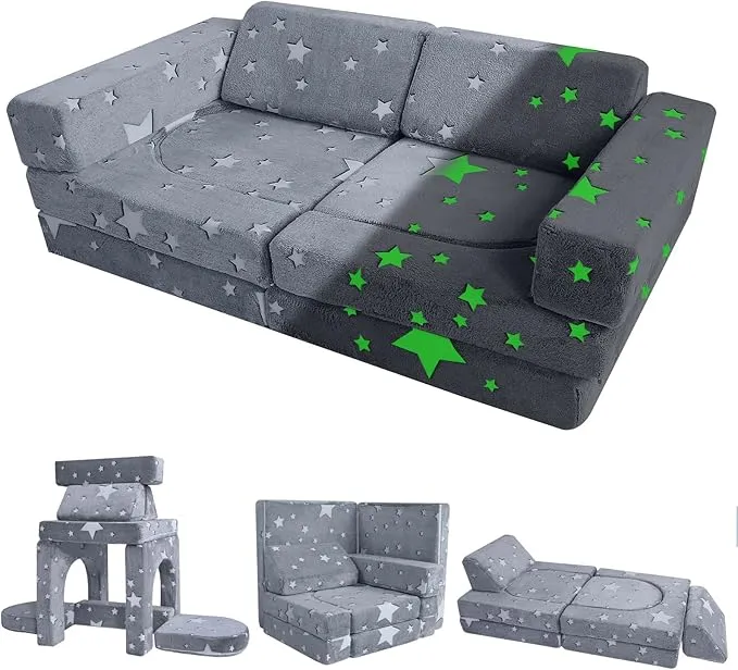 8 PC Glow-in-the-Dark Montessori Modular Soft Play Set | Foam Building Blocks | Sofa Couch | Grey