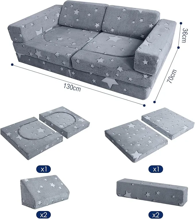 8 PC Glow-in-the-Dark Montessori Modular Soft Play Set | Foam Building Blocks | Sofa Couch | Grey