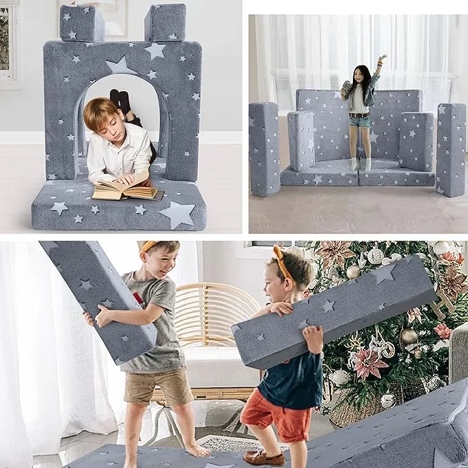 8 PC Glow-in-the-Dark Montessori Modular Soft Play Set | Foam Building Blocks | Sofa Couch | Grey