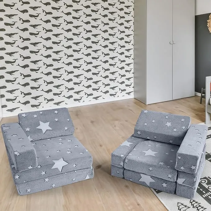 8 PC Glow-in-the-Dark Montessori Modular Soft Play Set | Foam Building Blocks | Sofa Couch | Grey