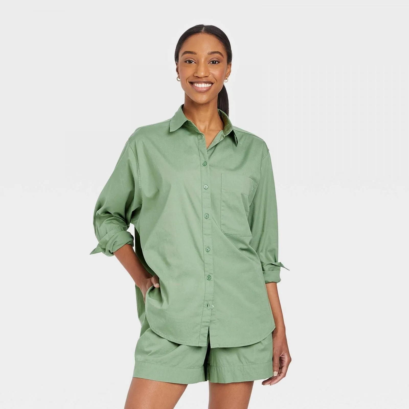 A New Day Women's Long Sleeve Oversized Button-Down Boyfriend Shirt K9867