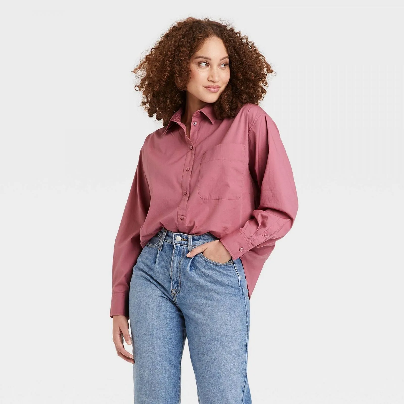 A New Day Women's Long Sleeve Oversized Button-Down Boyfriend Shirt K9867