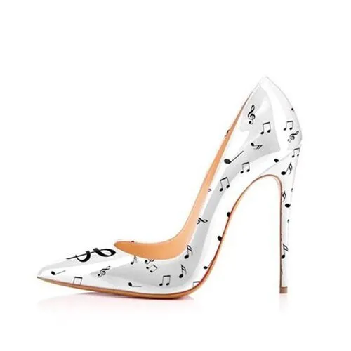 Black White Music Notation 12cm High Heels Woman Pumps