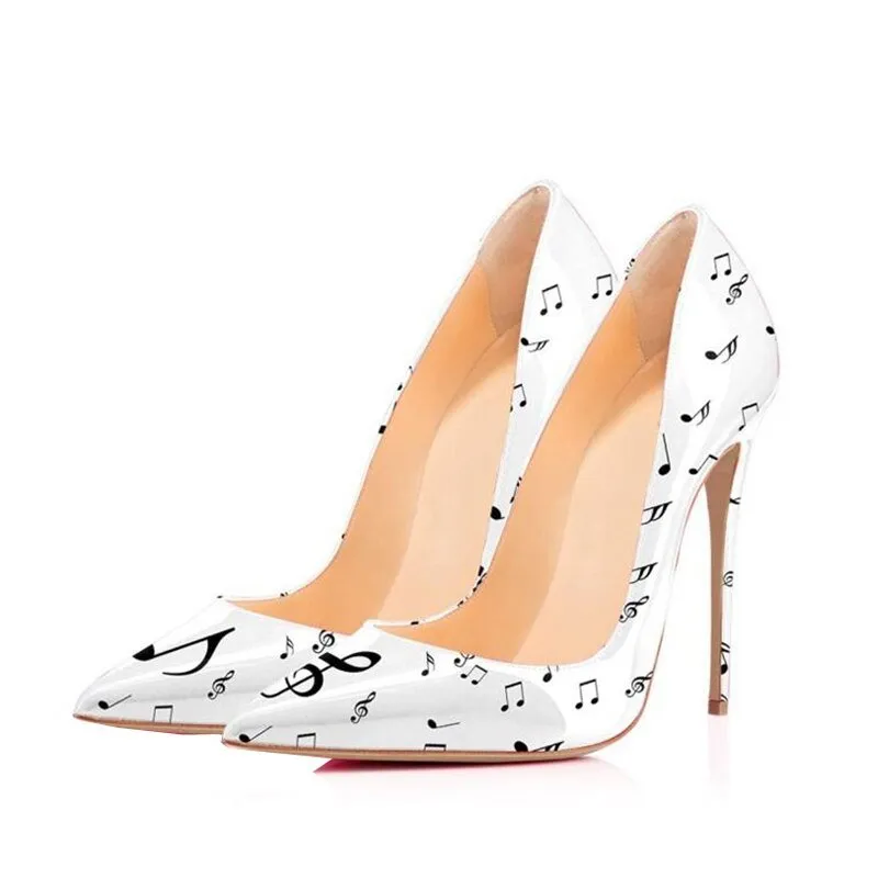 Black White Music Notation 12cm High Heels Woman Pumps
