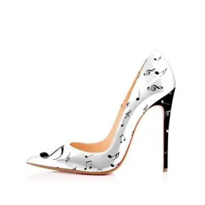 Black White Music Notation 12cm High Heels Woman Pumps