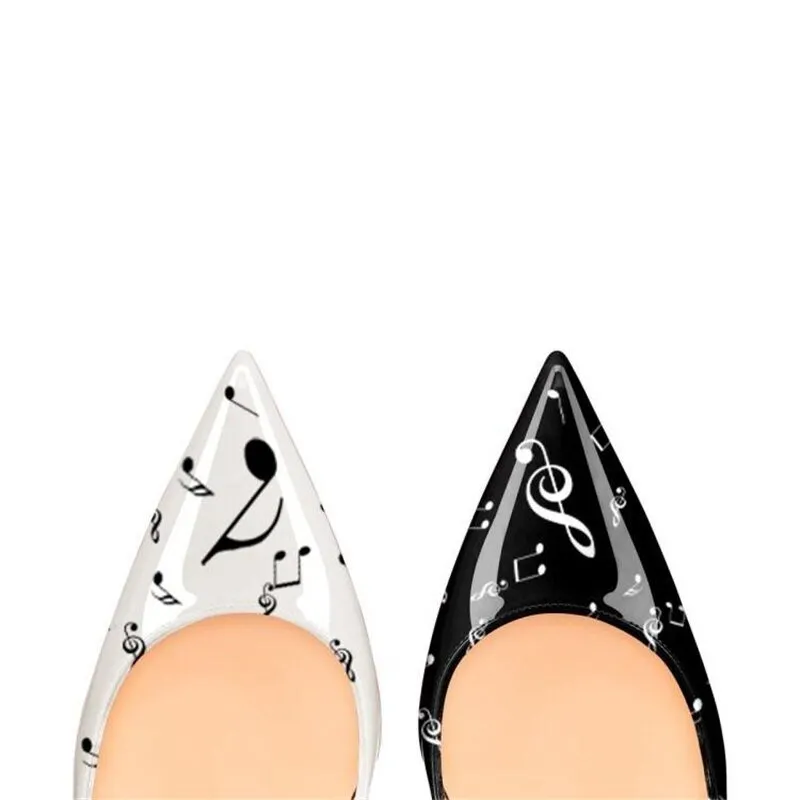 Black White Music Notation 12cm High Heels Woman Pumps