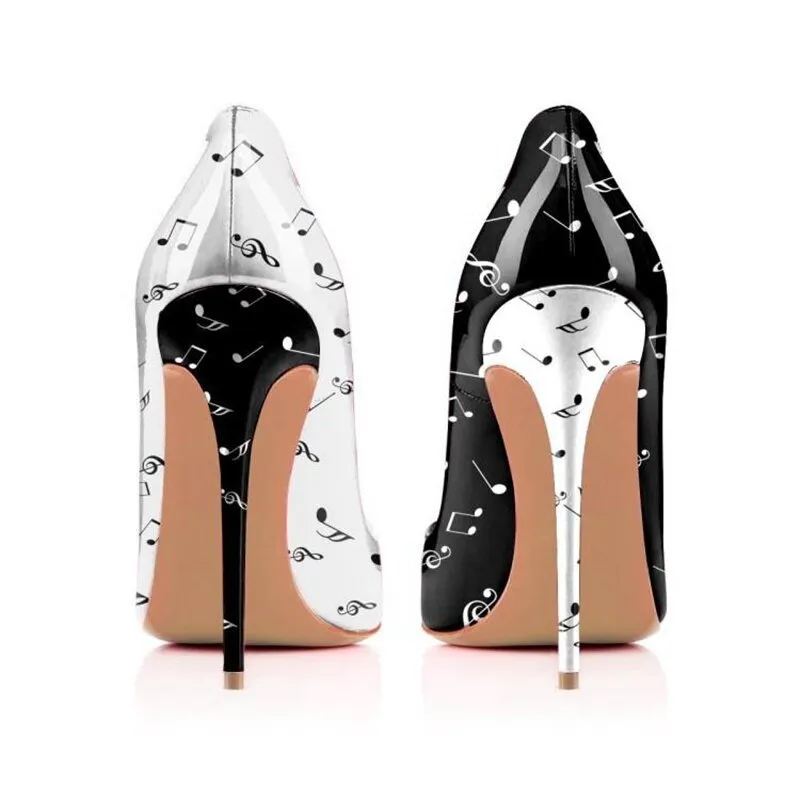 Black White Music Notation 12cm High Heels Woman Pumps