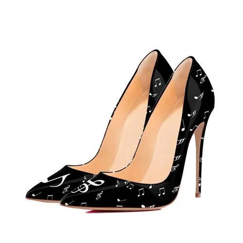 Black White Music Notation 12cm High Heels Woman Pumps