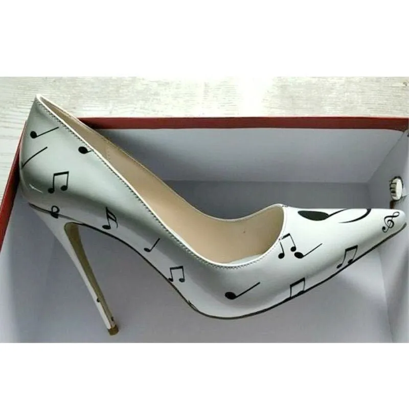 Black White Music Notation 12cm High Heels Woman Pumps