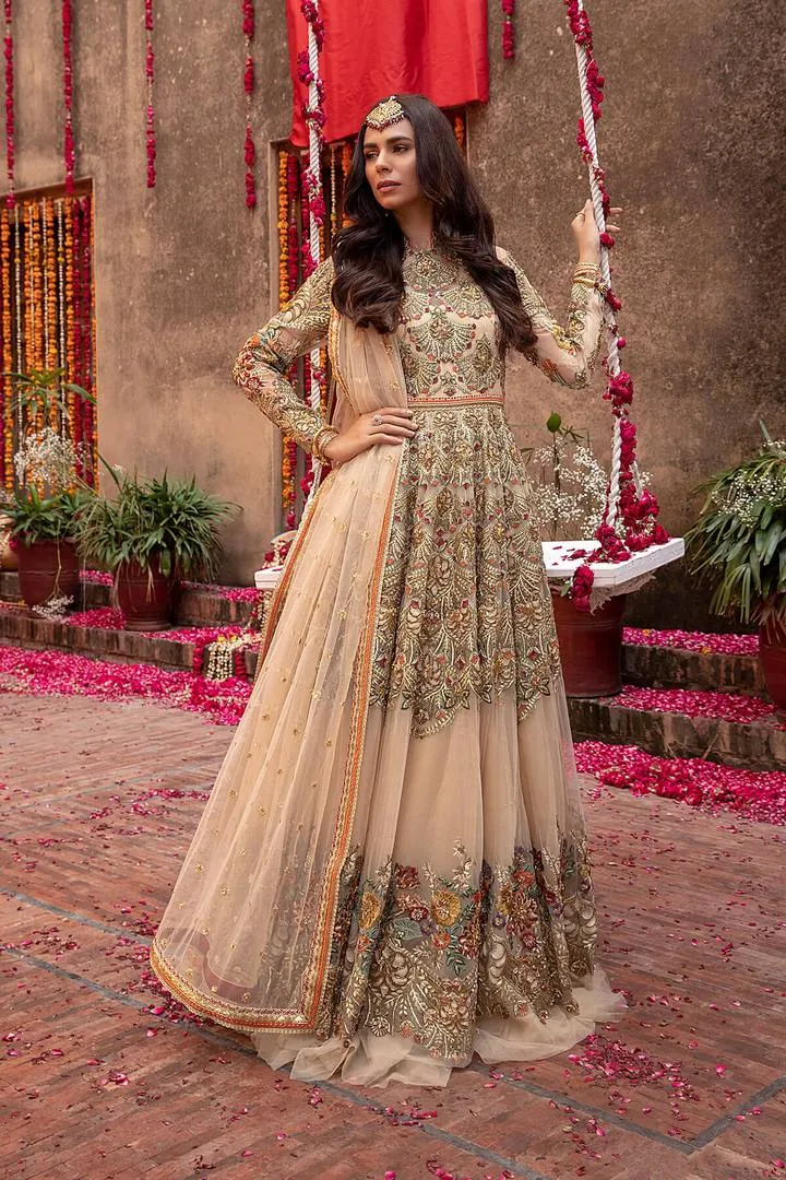Bridal Peach Colour Maxi Dress with Lehenga #BN1037