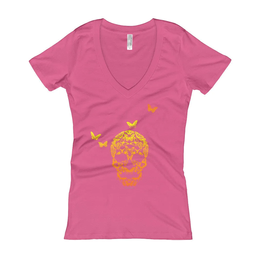Butterfly Skull Fitted V-Neck T-Shirt