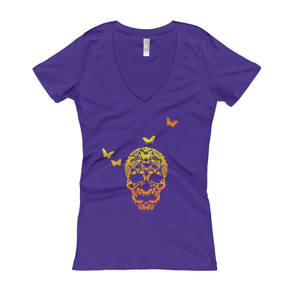 Butterfly Skull Fitted V-Neck T-Shirt