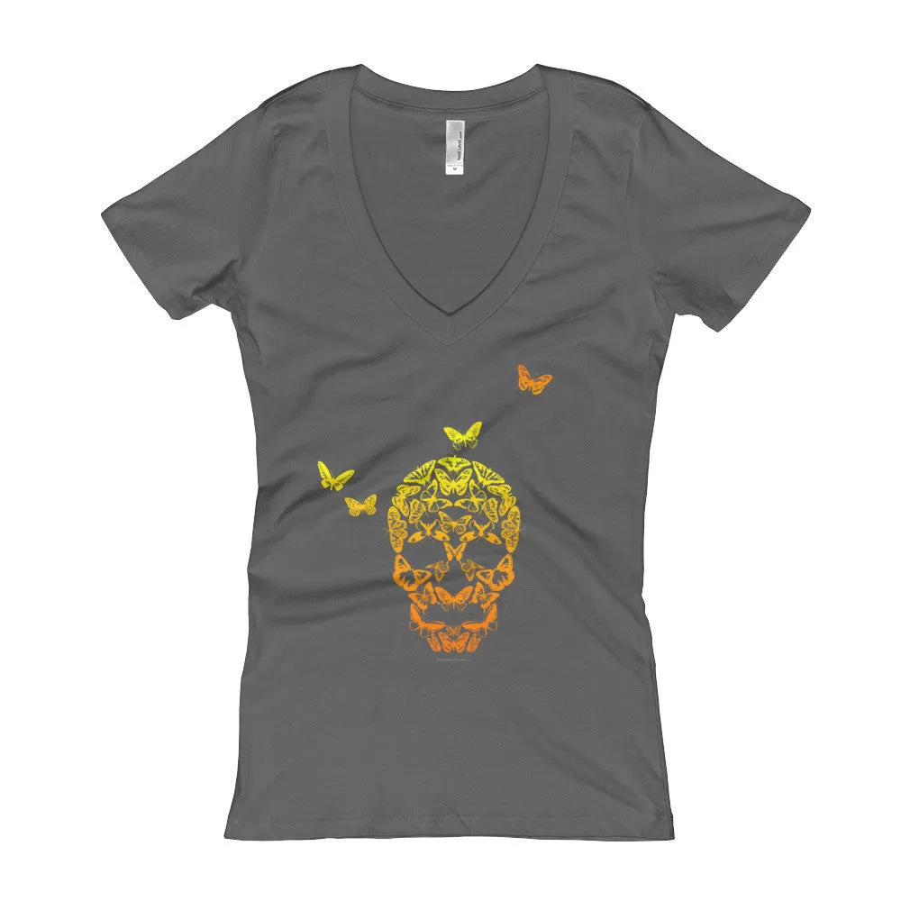Butterfly Skull Fitted V-Neck T-Shirt