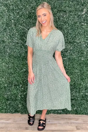 Dark Sage Floral Shirred Woven Dress