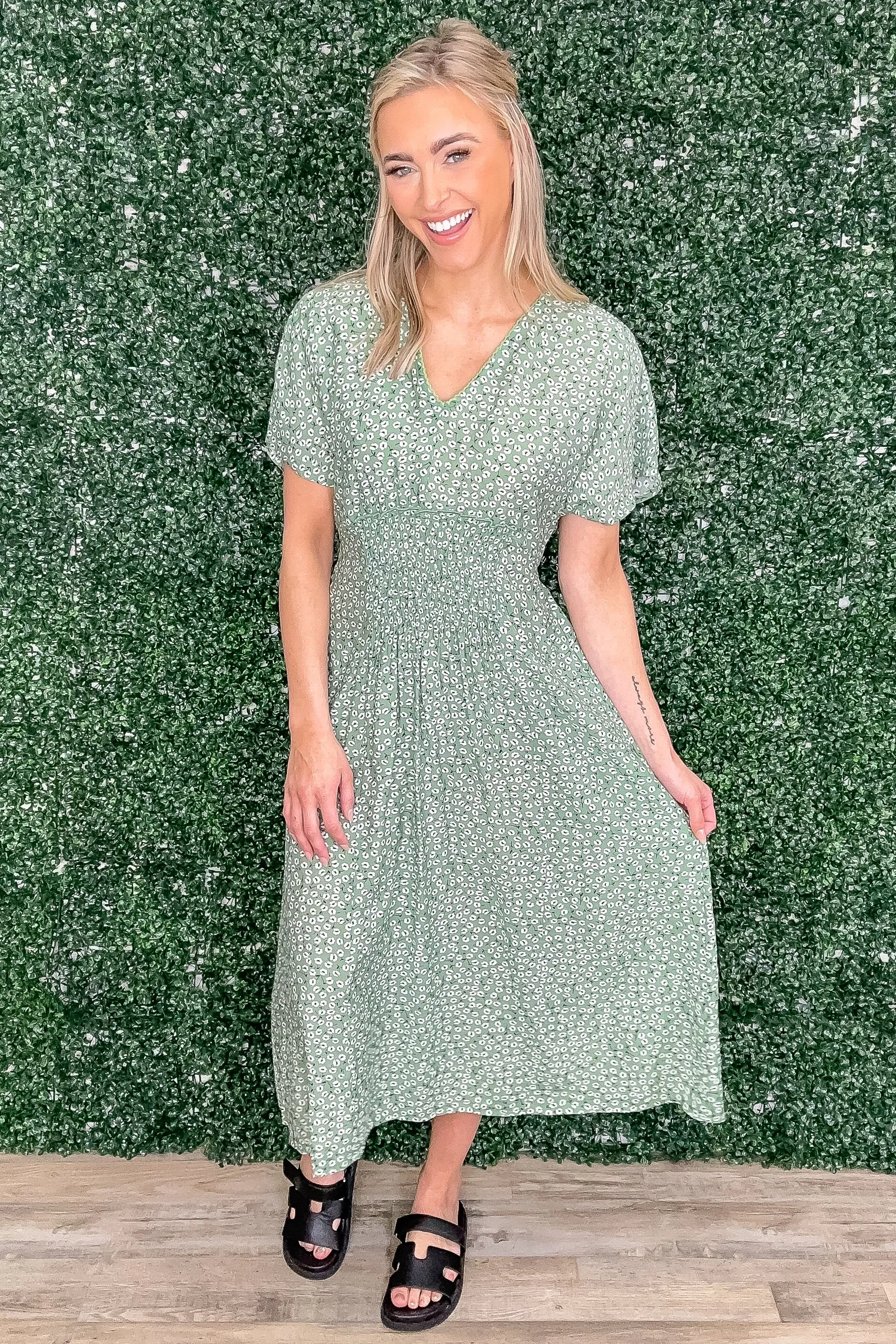 Dark Sage Floral Shirred Woven Dress