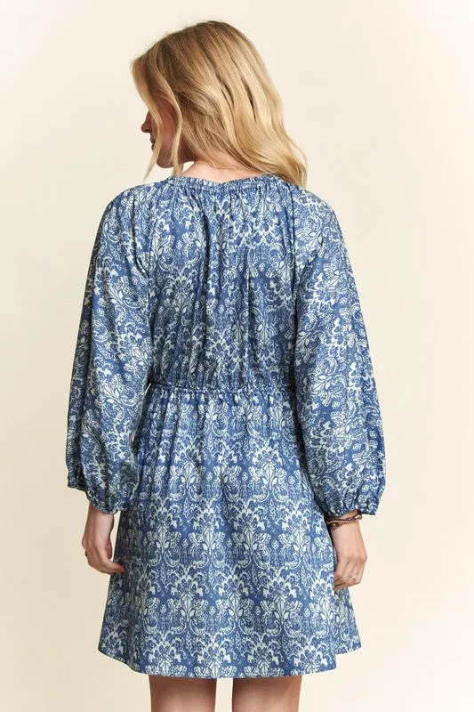 Denim Blue Printed V-Neck Batwing Sleeve Mini Dress