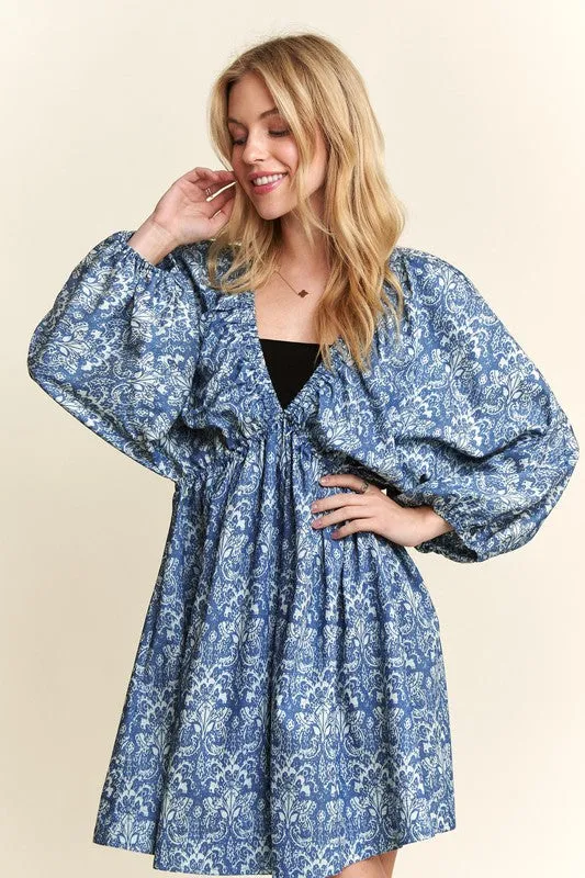 Denim Blue Printed V-Neck Batwing Sleeve Mini Dress