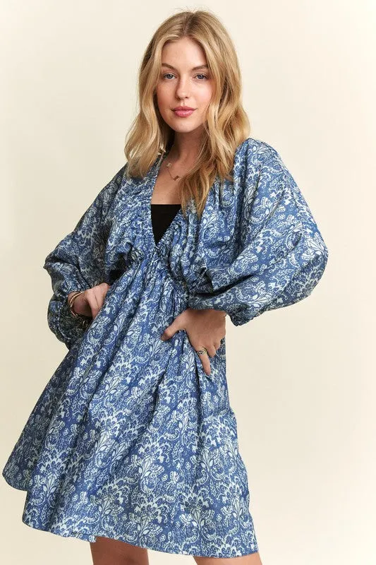 Denim Blue Printed V-Neck Batwing Sleeve Mini Dress