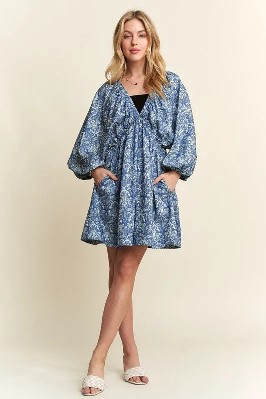 Denim Blue Printed V-Neck Batwing Sleeve Mini Dress