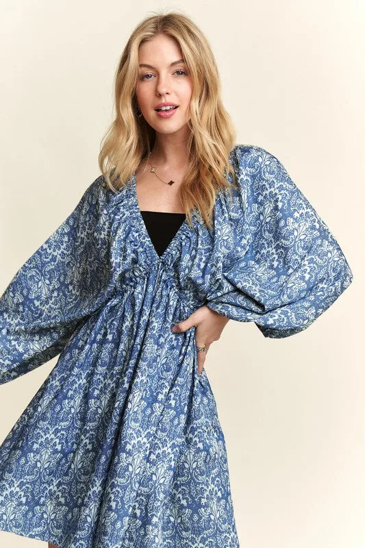 Denim Blue Printed V-Neck Batwing Sleeve Mini Dress