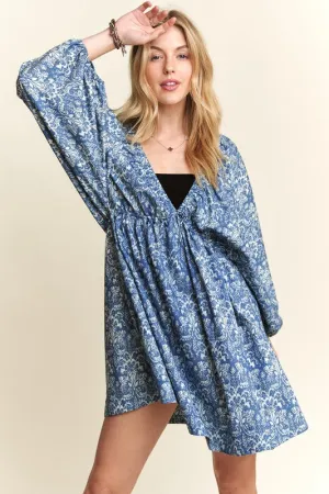 Denim Blue Printed V-Neck Batwing Sleeve Mini Dress