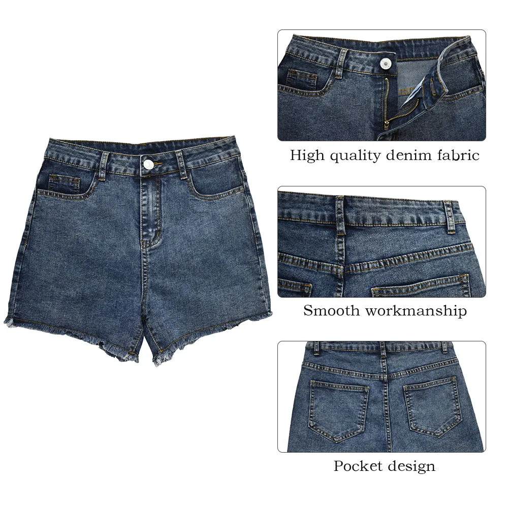 Denim Shorts High Waist Jeans Shorts Fringe Frayed Ripped With Pockets