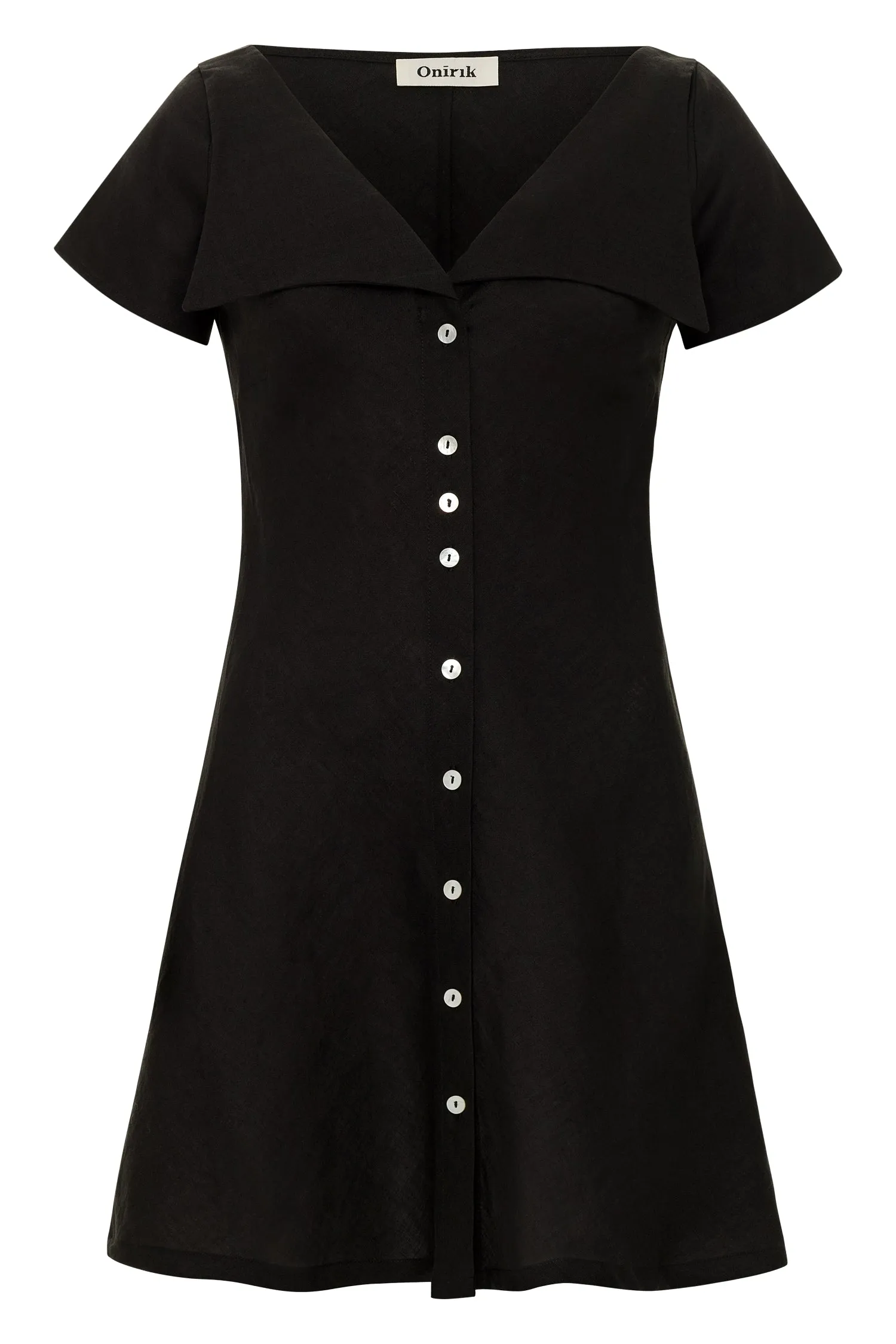 Gabi Short Dress / 100% Linen in Black with Shell Buttons