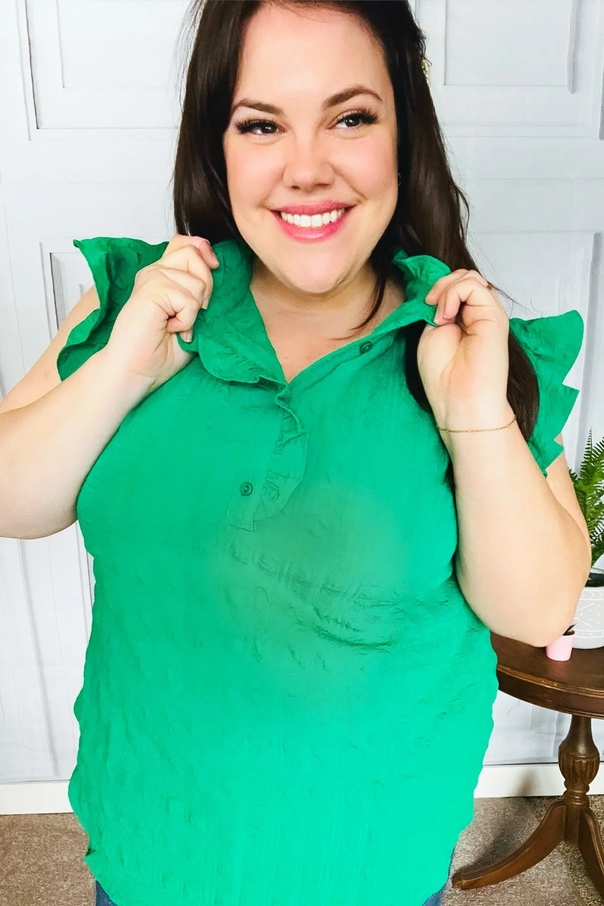 Haptics Kelly Green Textured Ruffle Mock Neck Button Down Top