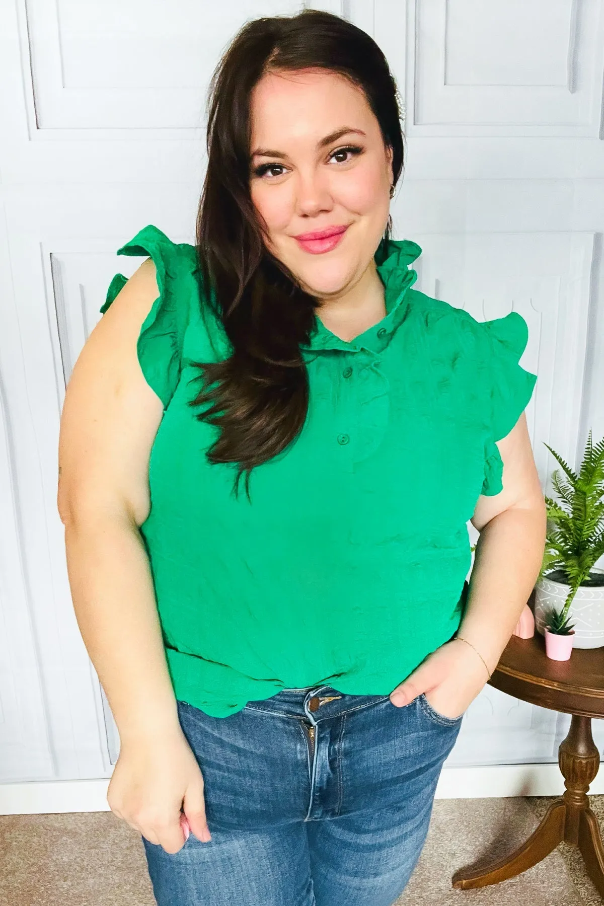 Haptics Kelly Green Textured Ruffle Mock Neck Button Down Top