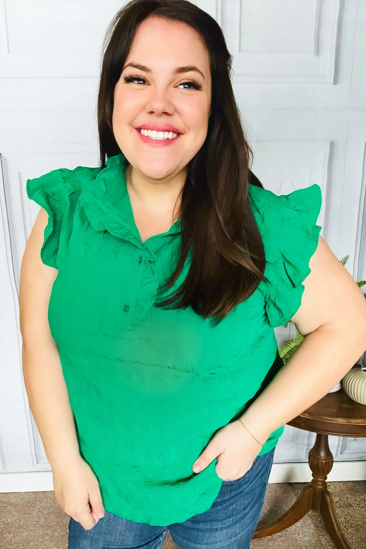 Haptics Kelly Green Textured Ruffle Mock Neck Button Down Top