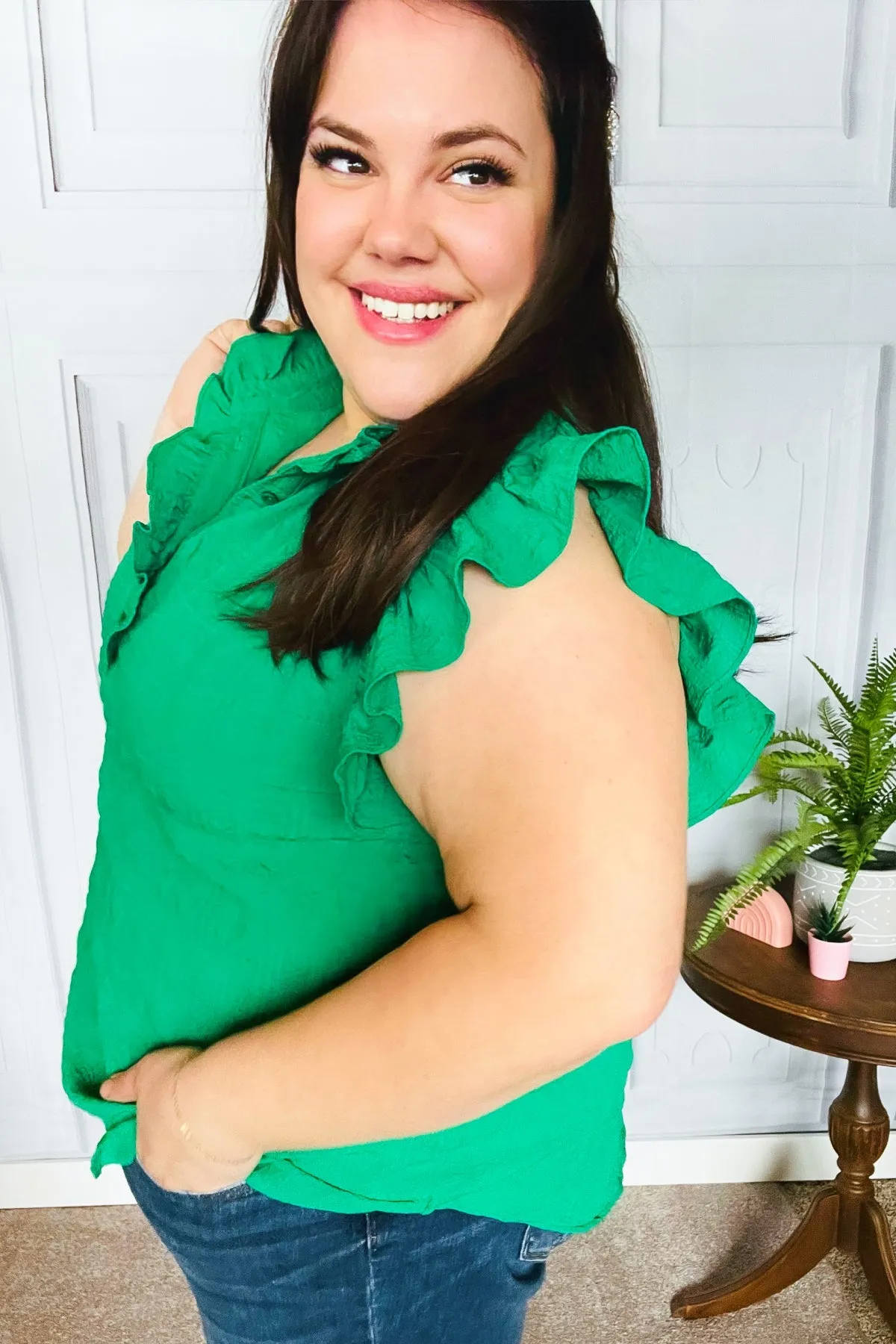 Haptics Kelly Green Textured Ruffle Mock Neck Button Down Top