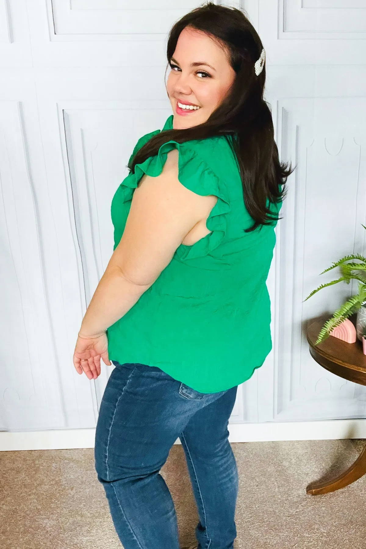 Haptics Kelly Green Textured Ruffle Mock Neck Button Down Top