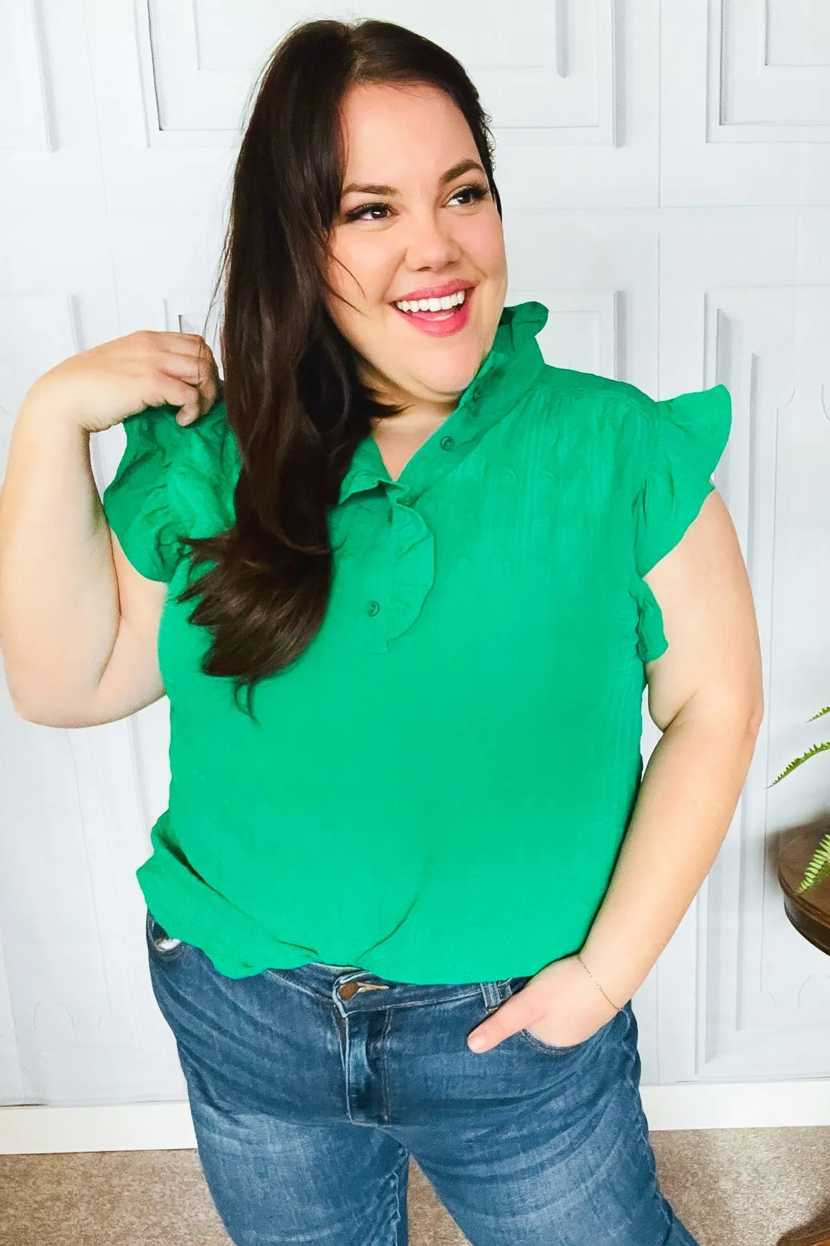 Haptics Kelly Green Textured Ruffle Mock Neck Button Down Top