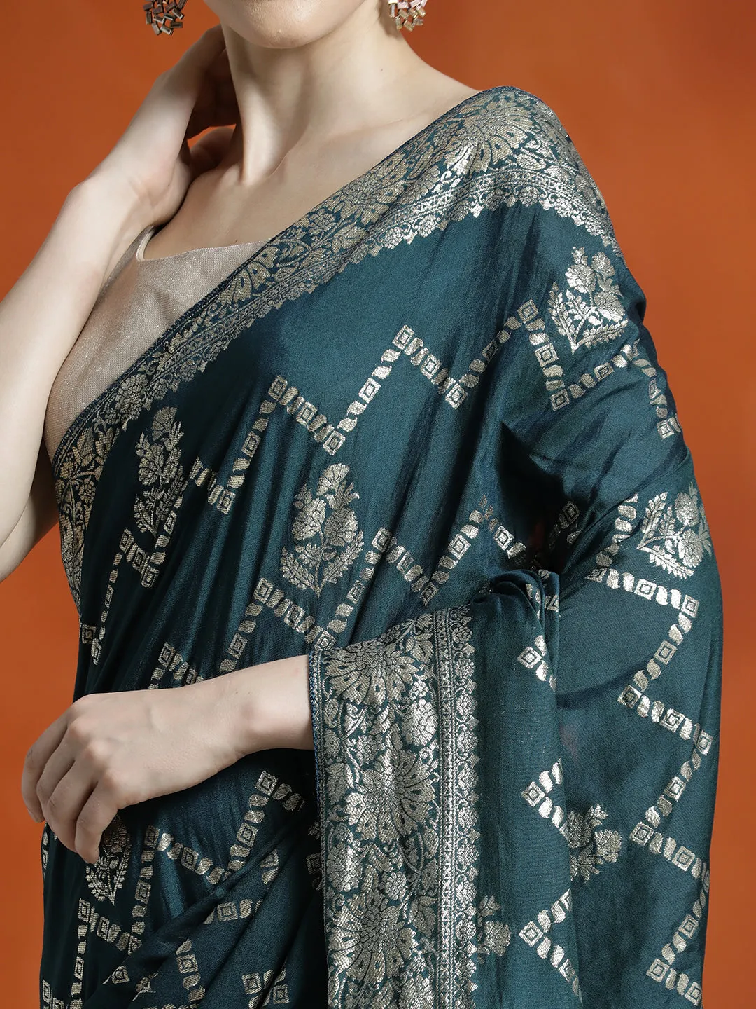 Heavy Banarasi Zari Woven Silk Blend Teal Saree