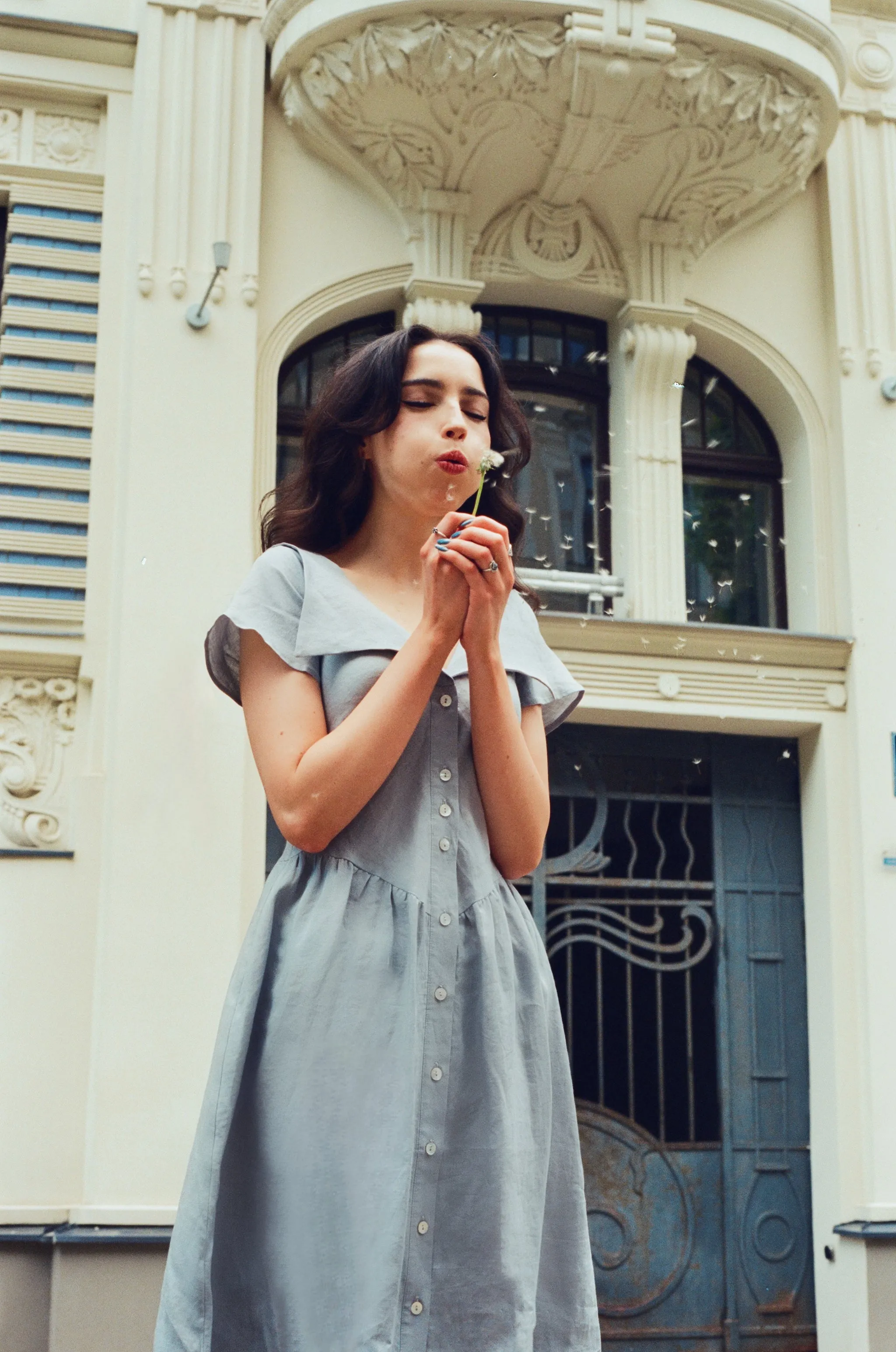 Helena Dress / 100% Linen in Pale Blue with Shell Buttons