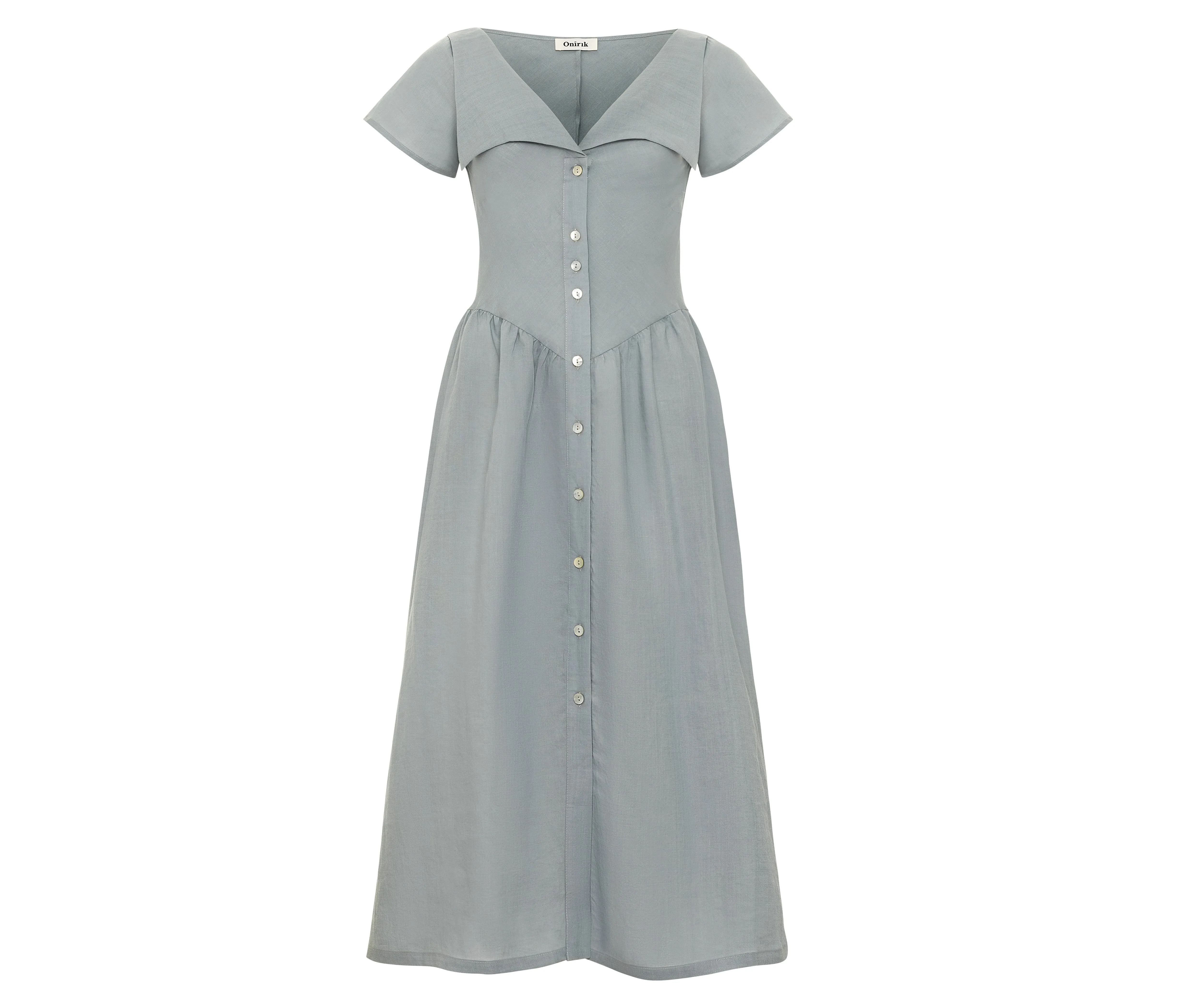 Helena Dress / 100% Linen in Pale Blue with Shell Buttons