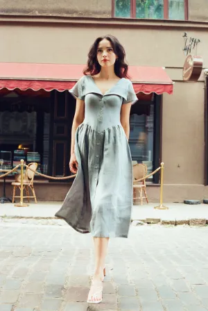 Helena Dress / 100% Linen in Pale Blue with Shell Buttons