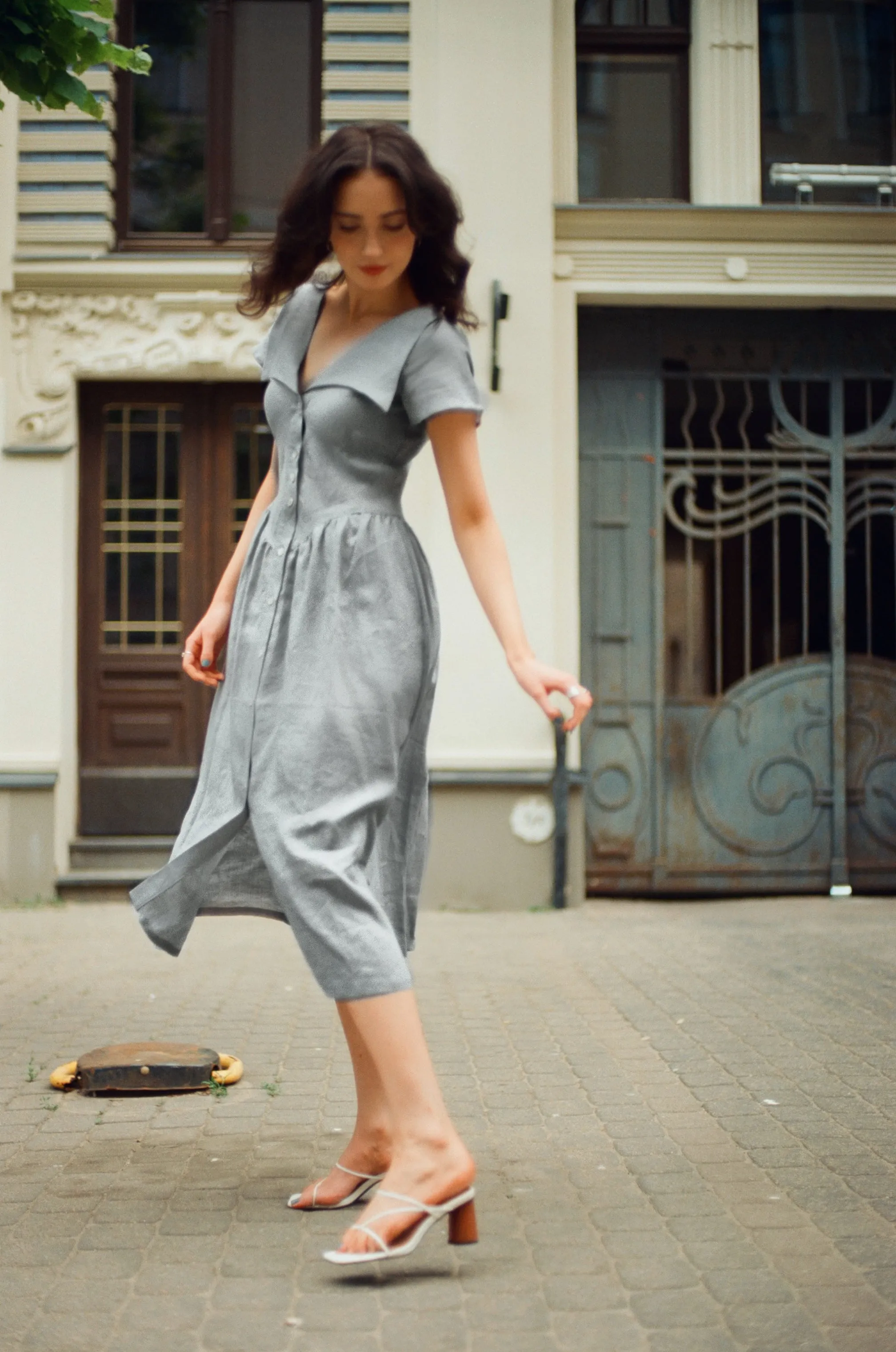 Helena Dress / 100% Linen in Pale Blue with Shell Buttons