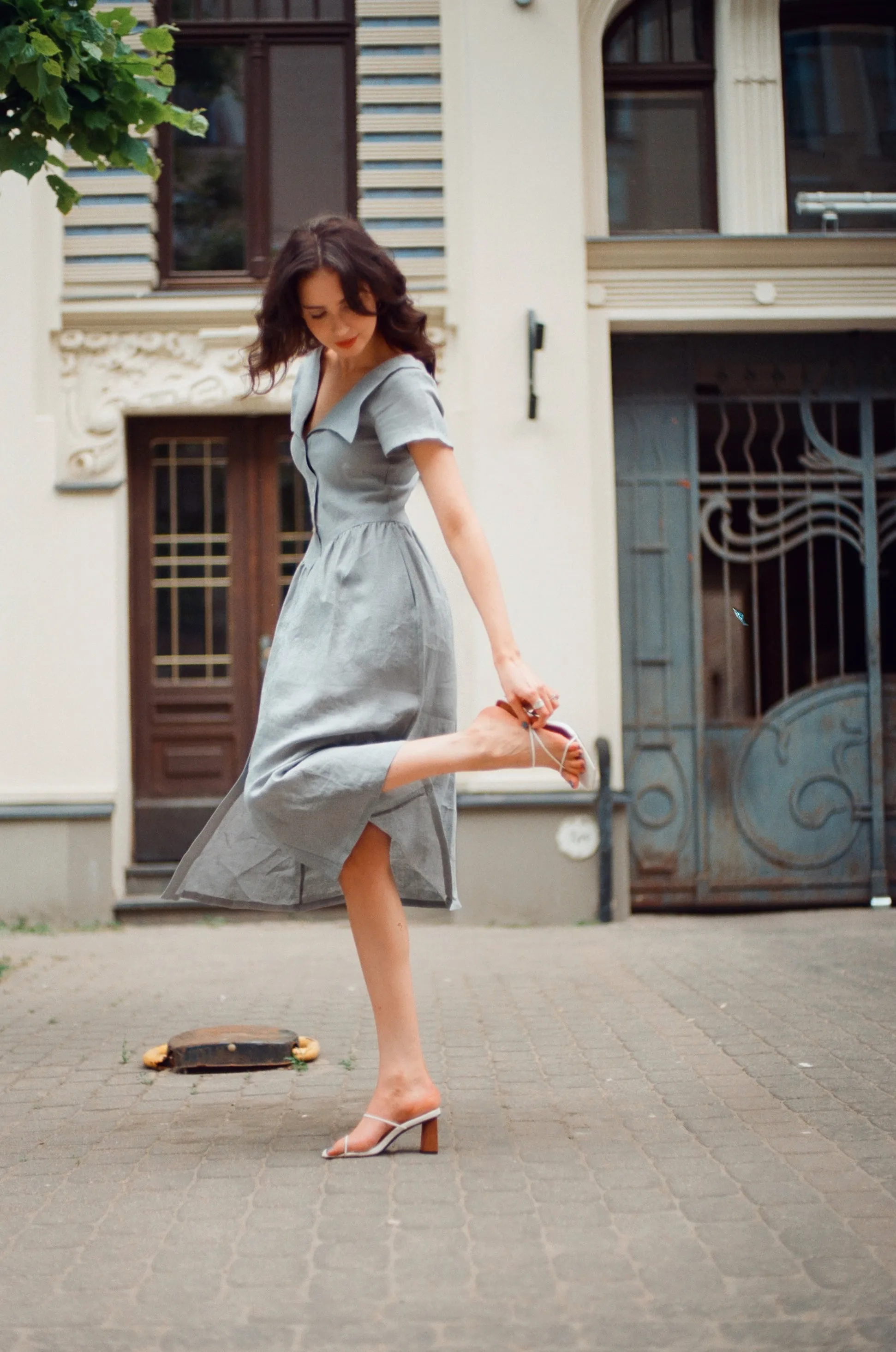 Helena Dress / 100% Linen in Pale Blue with Shell Buttons