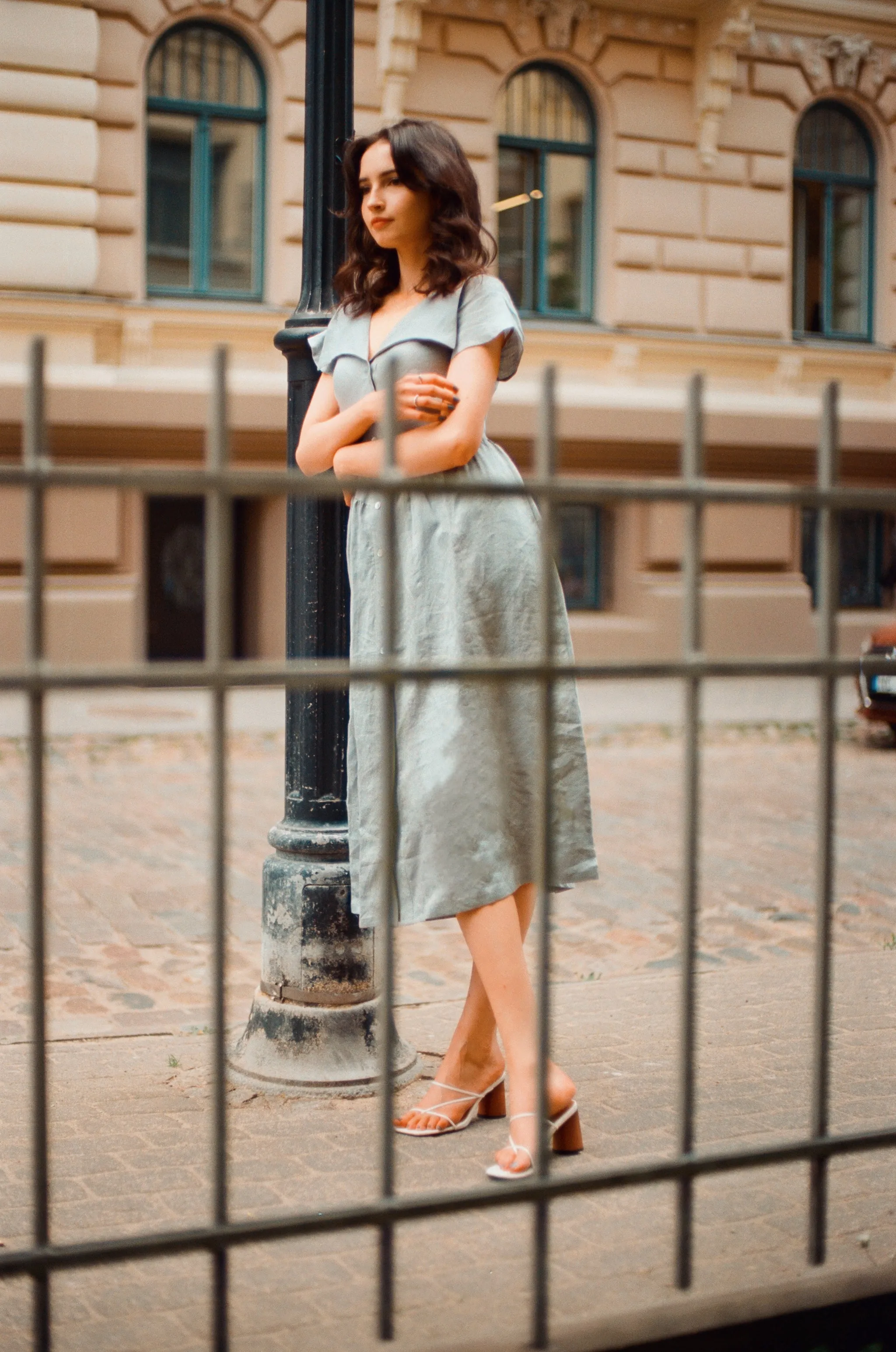 Helena Dress / 100% Linen in Pale Blue with Shell Buttons