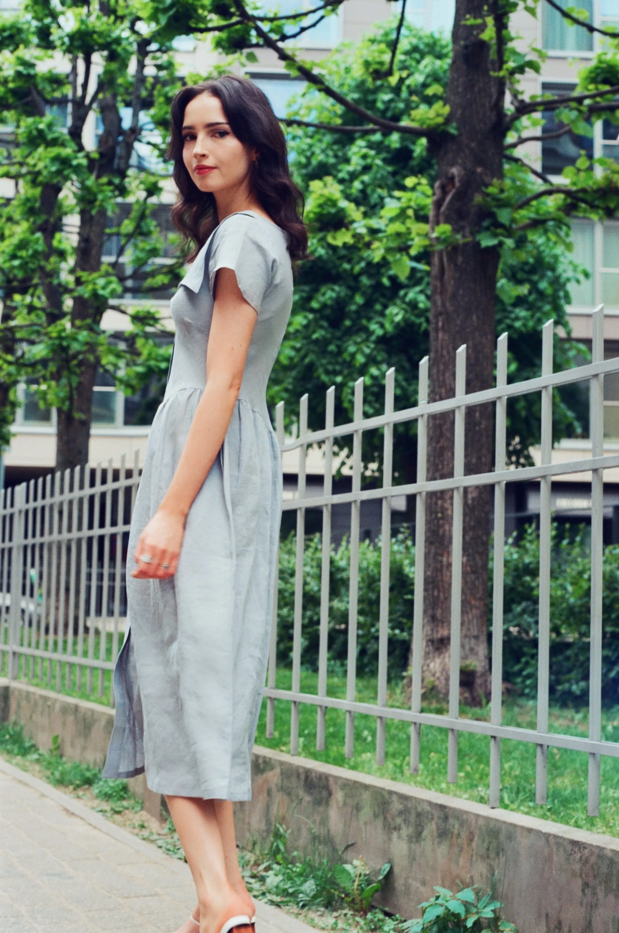 Helena Dress / 100% Linen in Pale Blue with Shell Buttons