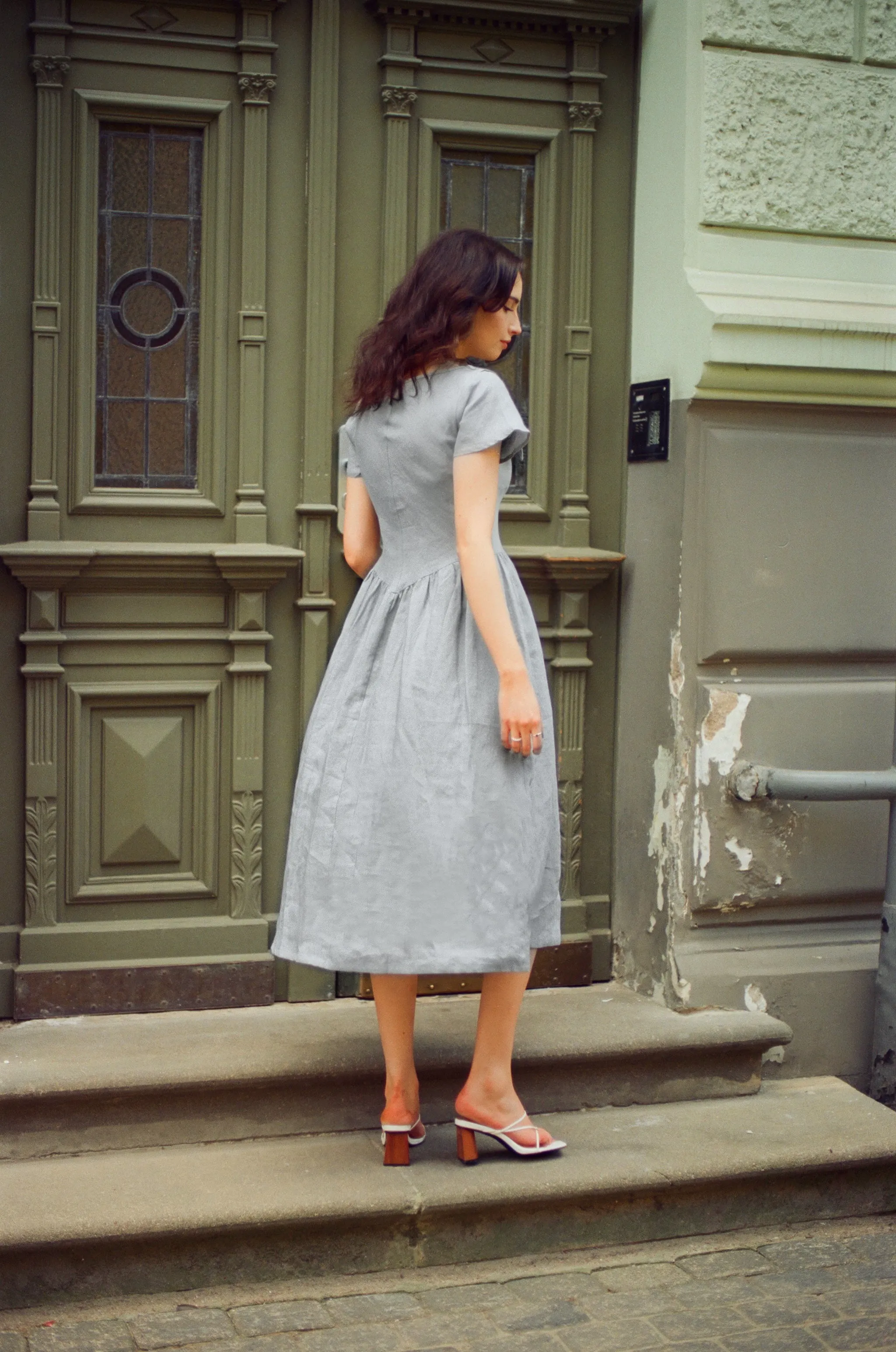 Helena Dress / 100% Linen in Pale Blue with Shell Buttons