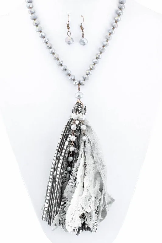 Holly Tassel Statement Necklace and Earring Set - Grey