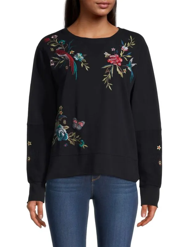 Johnny Was Gen French Terry Pullover Floral Embroidered Top Sweatshirt Black New