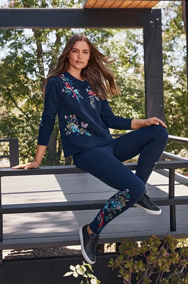 Johnny Was Gen French Terry Pullover Floral Embroidered Top Sweatshirt Black New
