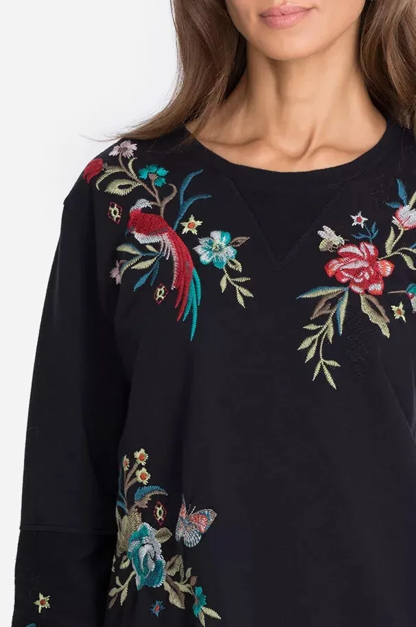 Johnny Was Gen French Terry Pullover Floral Embroidered Top Sweatshirt Black New